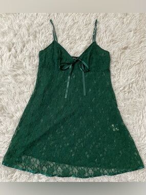 Y2K Enchanted Forest Fairy Whimsy Lace Babydoll Slip Dress Emerald Green S Sheer
